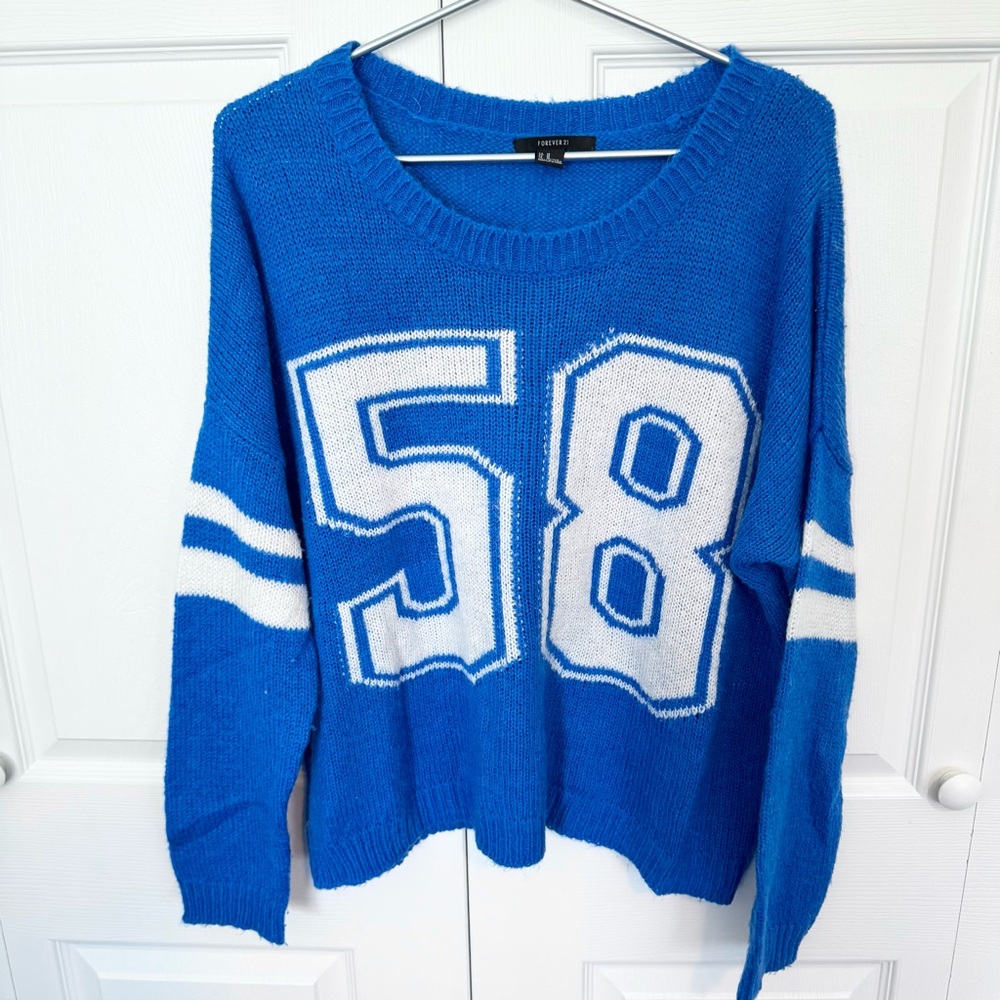 Forever 21 Sports Jersey Oversized Sweater Blue and White Number 68 Sz MEDIUM